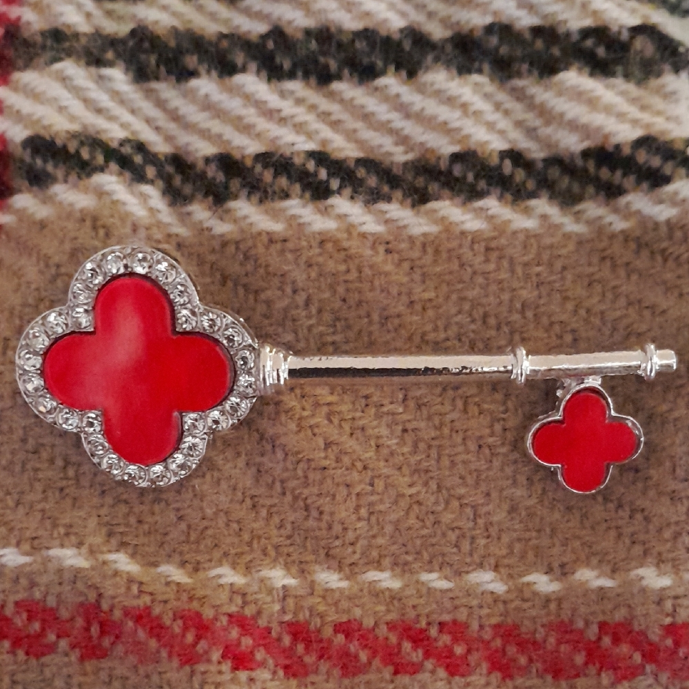 Silver and Red Key Brooch